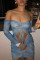 Light Blue Fashion Sexy Print Hollowed Out Backless Strapless Long Sleeve Dresses