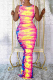 Multicolor Fashion Sexy Print Hollowed Out O Neck Vest Dress