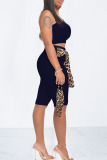 Black Casual Leopard Bandage Patchwork U Neck Sleeveless Two Pieces（with a mask)