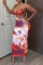 Tangerine Red Sexy Print Hollowed Out Spaghetti Strap Pencil Skirt Dresses