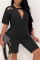 Black Casual Solid Split Joint O Neck Short Sleeve Two Pieces