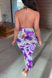 Purple Fashion Sexy Print Tie Dye Hollowed Out Backless Halter Sleeveless Dress