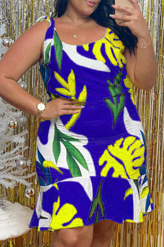 Blue Sexy Casual Plus Size Print Basic U Neck Vest Dress