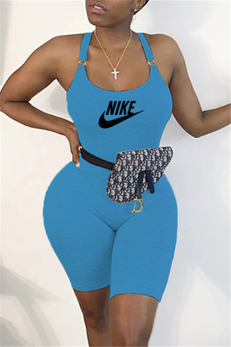 

Blue Casual Sportswear Letter Print Backless Spaghetti Strap Skinny Romper