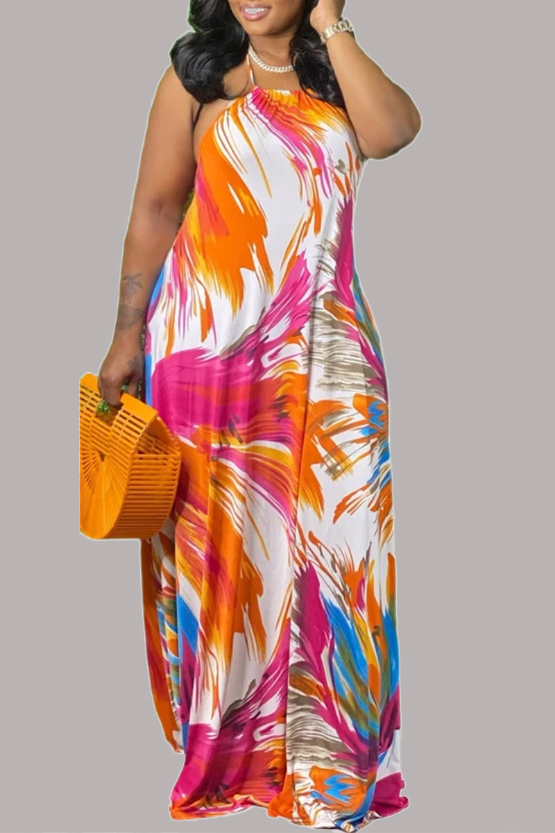 Multicolor Sexy Print Backless Halter Straight Dressesdresses 