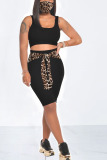 Black Casual Leopard Bandage Patchwork U Neck Sleeveless Two Pieces（with a mask)
