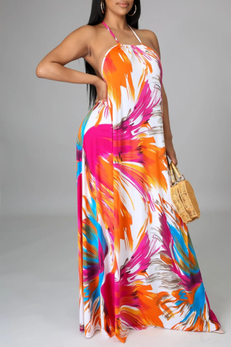 Colour Fashion Sexy Print Backless Spaghetti Strap Sleeveless Dress