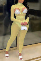 Yellow Fashion Sexy Solid Hollowed Out See-through Half A Turtleneck Skinny Jumpsuits