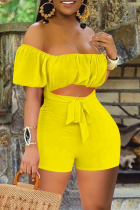 Yellow Street Solid Hollowed Out Off the Shoulder Regular Jumpsuits
