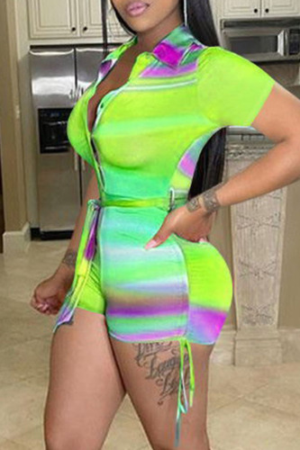 Fluorescent Green Casual Print Draw String Frenulum Turndown Collar Regular Rompers