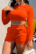 Tangerine Red Fashion Casual Solid Backless Strap Design O Neck Long Sleeve Two Pieces