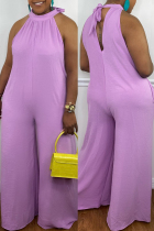 Light Purple Fashion Casual Solid Hollowed Out Without Belt O Neck Regular Jumpsuits