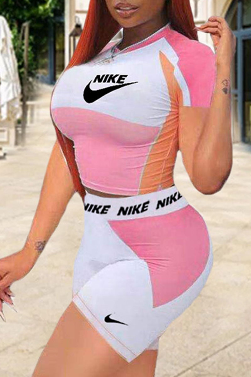 

Pink Sportswear Print Split Joint O Neck Short Sleeve Two Pieces