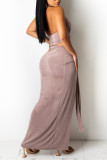 Light Purple Fashion Sexy Solid Hollowed Out Backless Halter Sleeveless Two Pieces