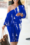 Blue Casual Print Patchwork One Shoulder Long Sleeve Two Pieces