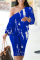 Blue Casual Print Split Joint One Shoulder Long Sleeve Two Pieces