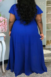 Deep Blue Casual Solid Patchwork Frenulum V Neck Short Sleeve Dress Plus Size Dresses