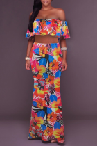 Colour Sexy Print Patchwork Off the Shoulder Short Sleeve Two Pieces