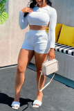 White Fashion Casual Solid Backless Strap Design O Neck Long Sleeve Two Pieces