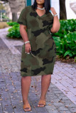 Army Green Fashion Casual Print Basic V Neck Short Sleeve Dress