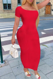 Red Fashion Casual Solid Basic O Neck Short Sleeve Dress