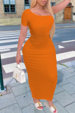 Orange Fashion Casual Solid Basic O Neck Short Sleeve Dress