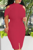 Red Fashion Sexy Off The Shoulder Sleeveless Mandarin Collar Pencil Skirt Knee Length Solid Dresses