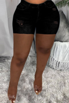 Black Casual Solid Ripped Mid Waist Skinny Denim Shorts