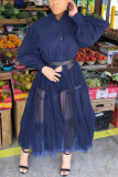 Hide Blue Casual Patchwork Solid Mesh Without Belt Mandarin Collar Irregular Dress Plus Size Dresses