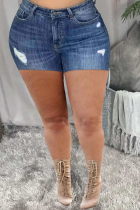 Dark Blue Casual Solid Ripped Mid Waist Skinny Denim Shorts