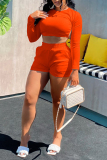 Tangerine Red Fashion Casual Solid Backless Strap Design O Neck Long Sleeve Two Pieces