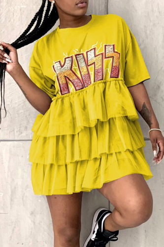 Yellow Casual Print Letter O Neck Cake Skirt Dresses