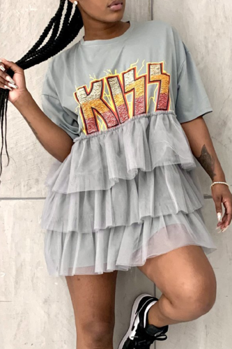 Grey Casual Print Letter O Neck Cake Skirt Dresses