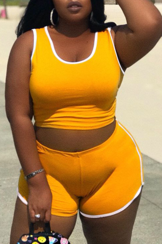 Yellow Casual Solid Patchwork O Neck Plus Size Two Pieces