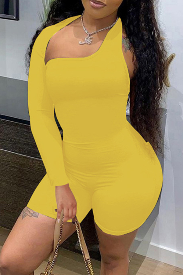 Yellow Sexy Casual Solid Hollowed Out Asymmetrical Oblique Collar Skinny Romper