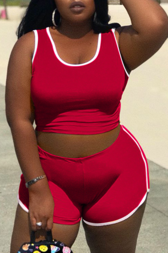 Burgundy Casual Solid Patchwork O Neck Plus Size Two Pieces