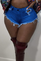 Dark Blue Sexy Solid Patchwork Mid Waist Skinny Denim Shorts