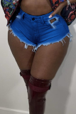 Blue Sexy Solid Patchwork Mid Waist Skinny Denim Shorts