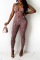 Pink Sexy Print Hollowed Out Spaghetti Strap Skinny Jumpsuits
