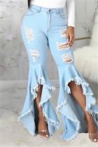 Baby Blue Fashion Casual Solid Ripped Asymmetrical High Waist Regular Jeans
