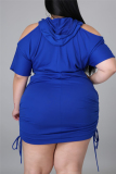 Blue Fashion Casual Solid Hollowed Out Hooded Collar Plus Size Dresses