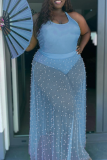 Blue Sexy Solid Hot Drill Halter Cake Skirt Plus Size Two Pieces