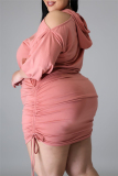 Pink Fashion Casual Solid Hollowed Out Hooded Collar Plus Size Dresses