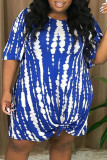 Blue Fashion Casual Plus Size Print Basic O Neck Short Sleeve Dress