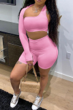 Pink Casual Solid Hollowed Out One Shoulder Long Sleeve Two Pieces