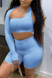 Light Blue Casual Solid Hollowed Out One Shoulder Long Sleeve Two Pieces