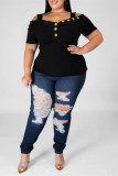 Black Fashion Casual Solid Off the Shoulder Plus Size Tops