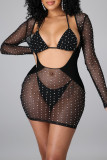 Black Sexy Patchwork Hot Drilling Hollowed Out See-through Long Sleeve Dress Three-piece Set