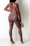 Blue Sexy Print Hollowed Out Spaghetti Strap Skinny Jumpsuits