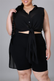 Black Fashion Casual Solid Slit Turtleneck Plus Size Tops